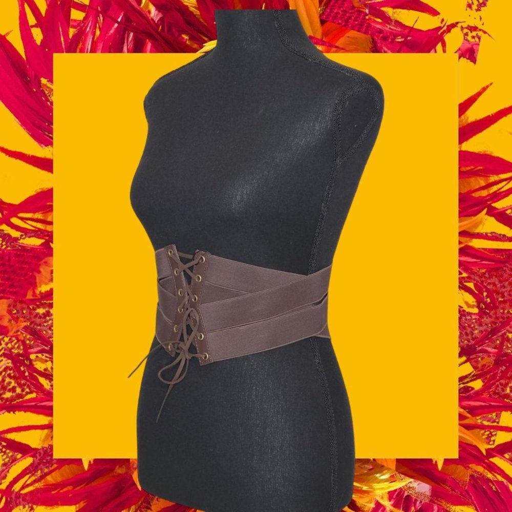 Woman's LCF Brown Wide Corset Wide Waist Corset Cinch Belt Gold Metal Zip